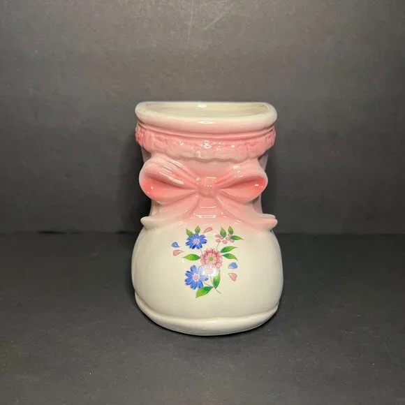 Vintage R.B.C. Ceramic Pink White & Blue Floral Boot Flowerpot Planter 4.25" - Picture 3 of 9